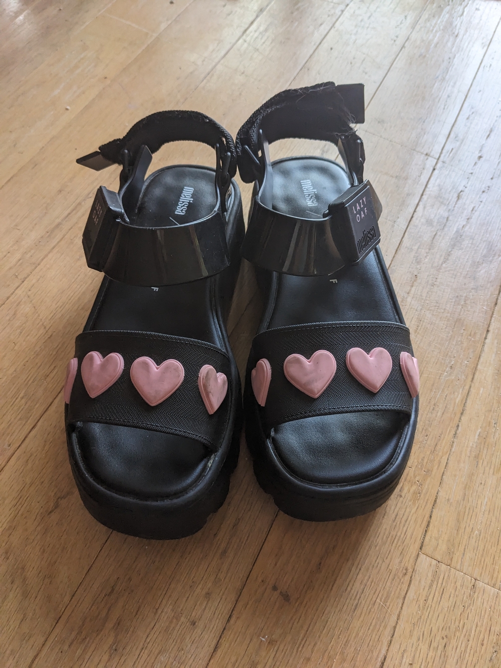 Melissa Lazy Oaf Black Platform Sandals with Pink Hearts